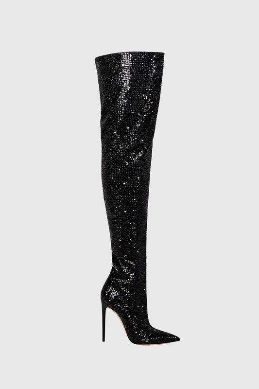 Callisto Crystal Embellished Ruched Knee-high Boots - Black
