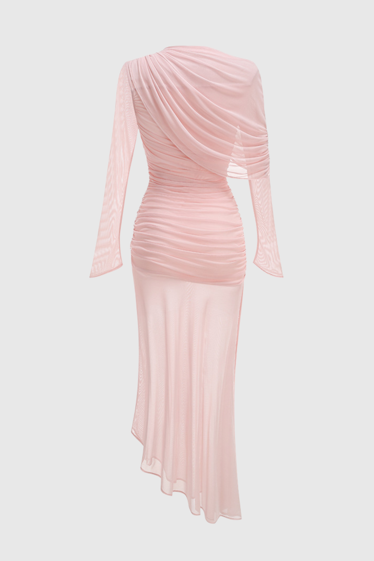 Caspia Asymmetric Ruched Mesh Maxi Dress