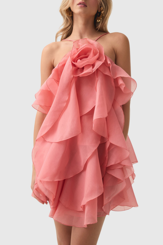 Caysie Halter Floral Ruffle Layered Mini Dress - Orange