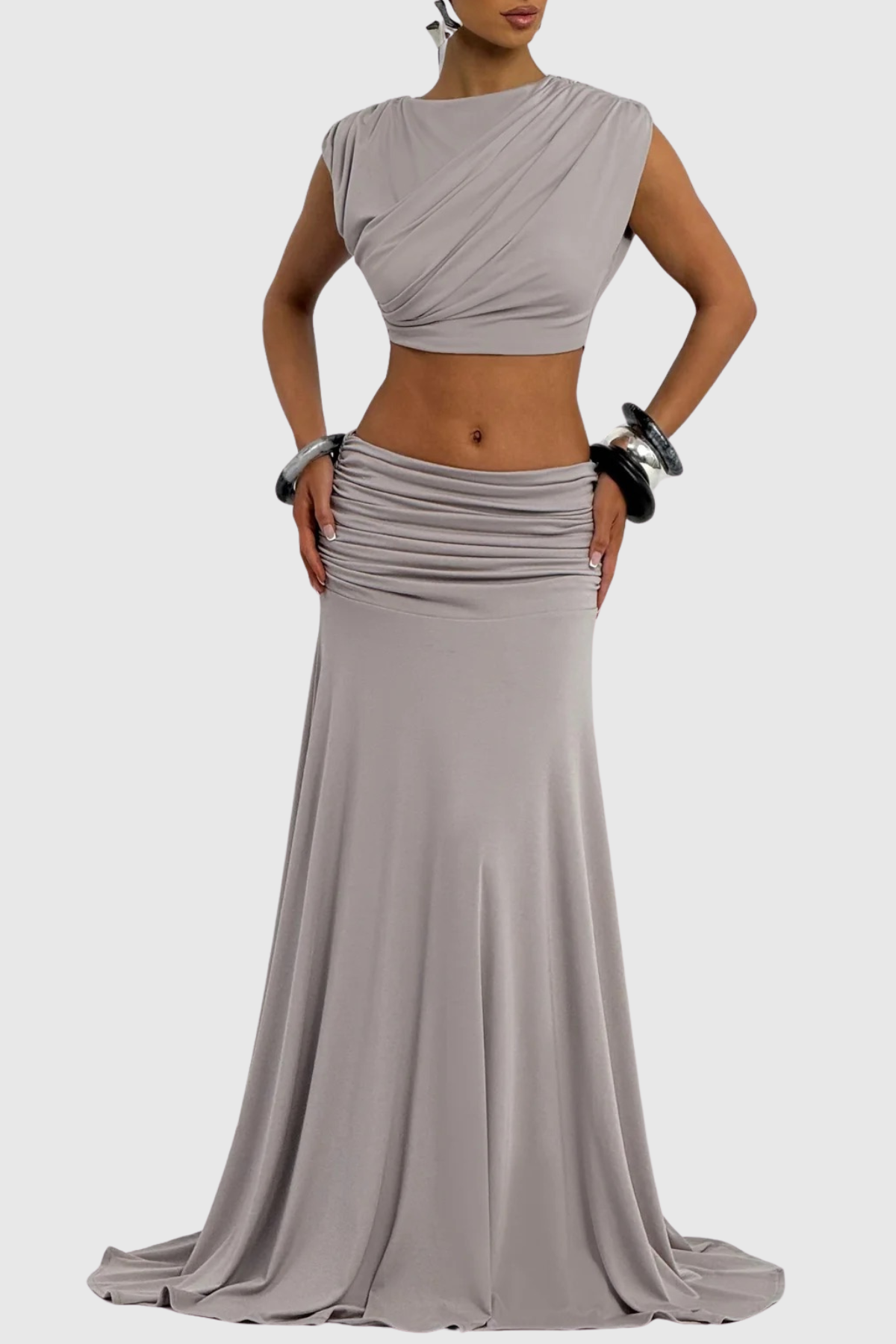 Celestina Crop Top & Ruched Maxi Skirt Set - Grey