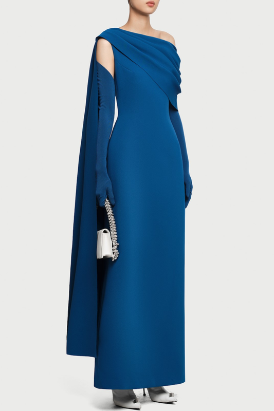 Chesley Asymmetrical Draped Flap Maxi Dress - Blue