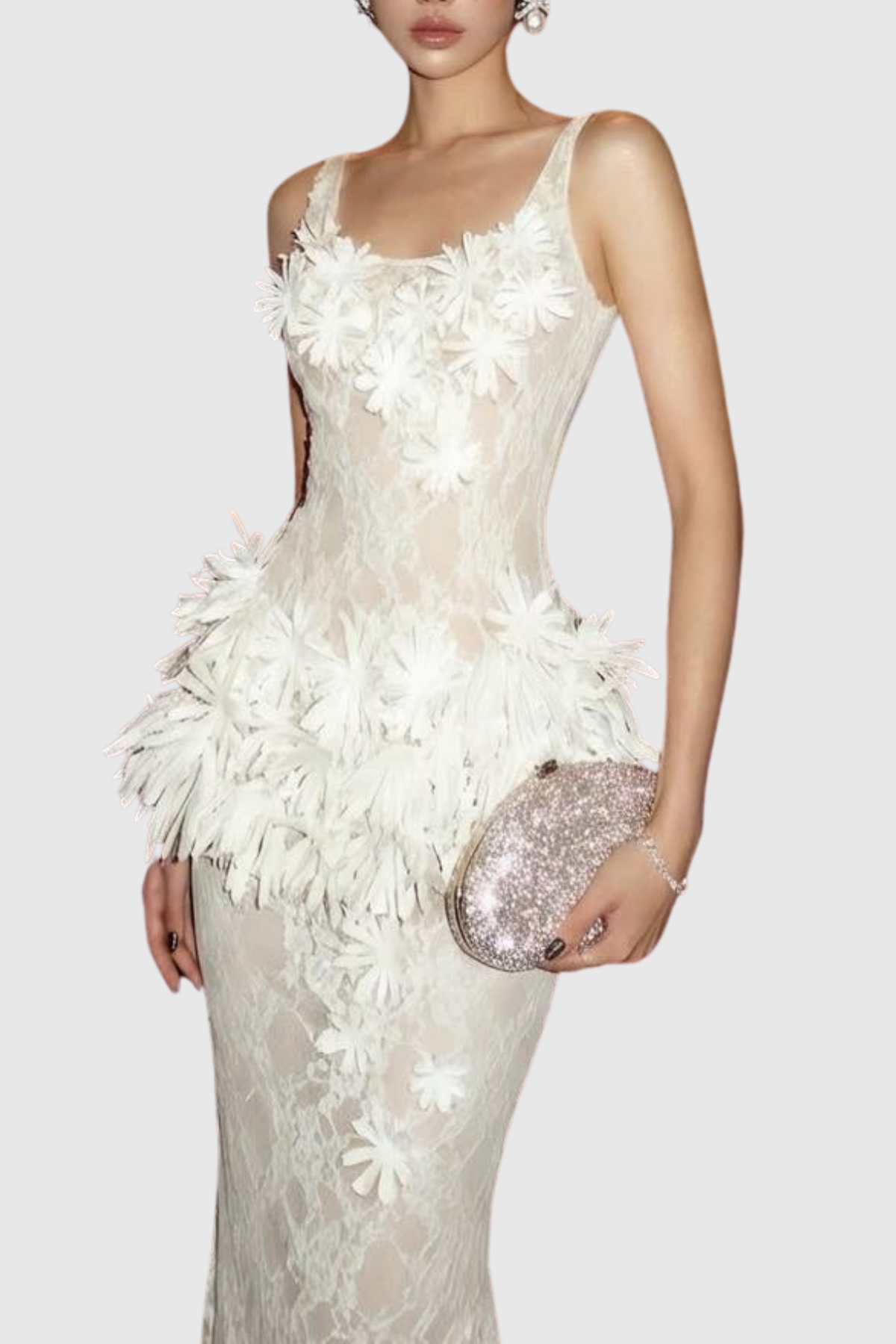 Clemena Floral Appliqué Lace Maxi Dress - White