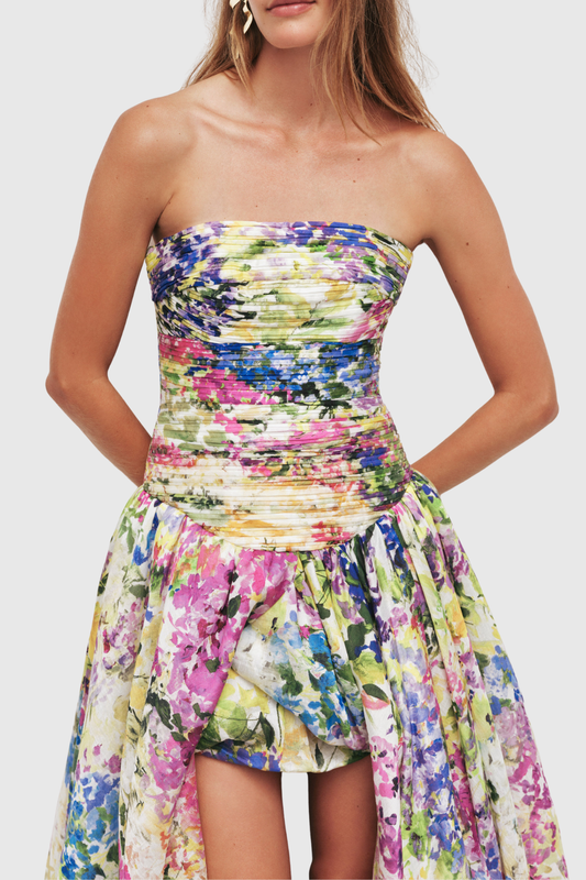 Coleka Floral Print Strapless Ruched Maxi Dress - Yellow