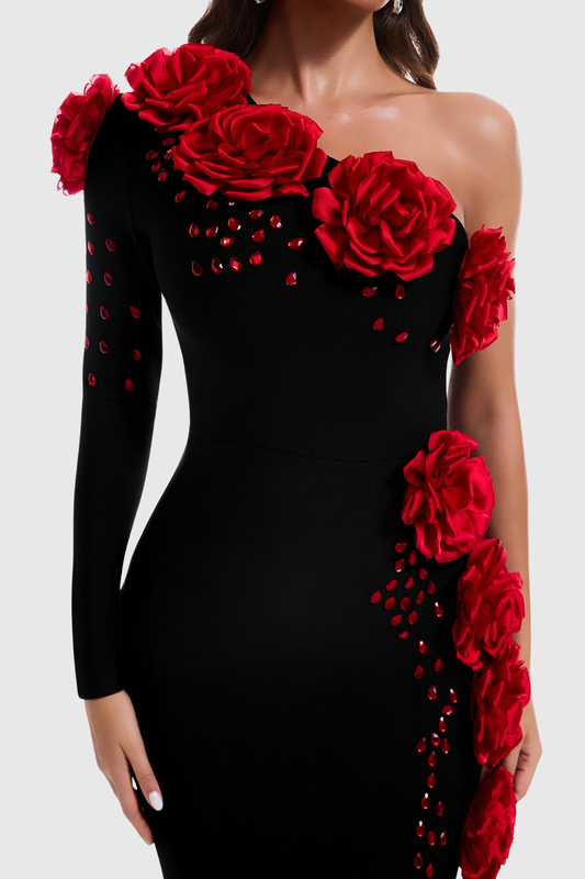 Conall Bandage 3D Flower One-Shoulder Maxi Dress