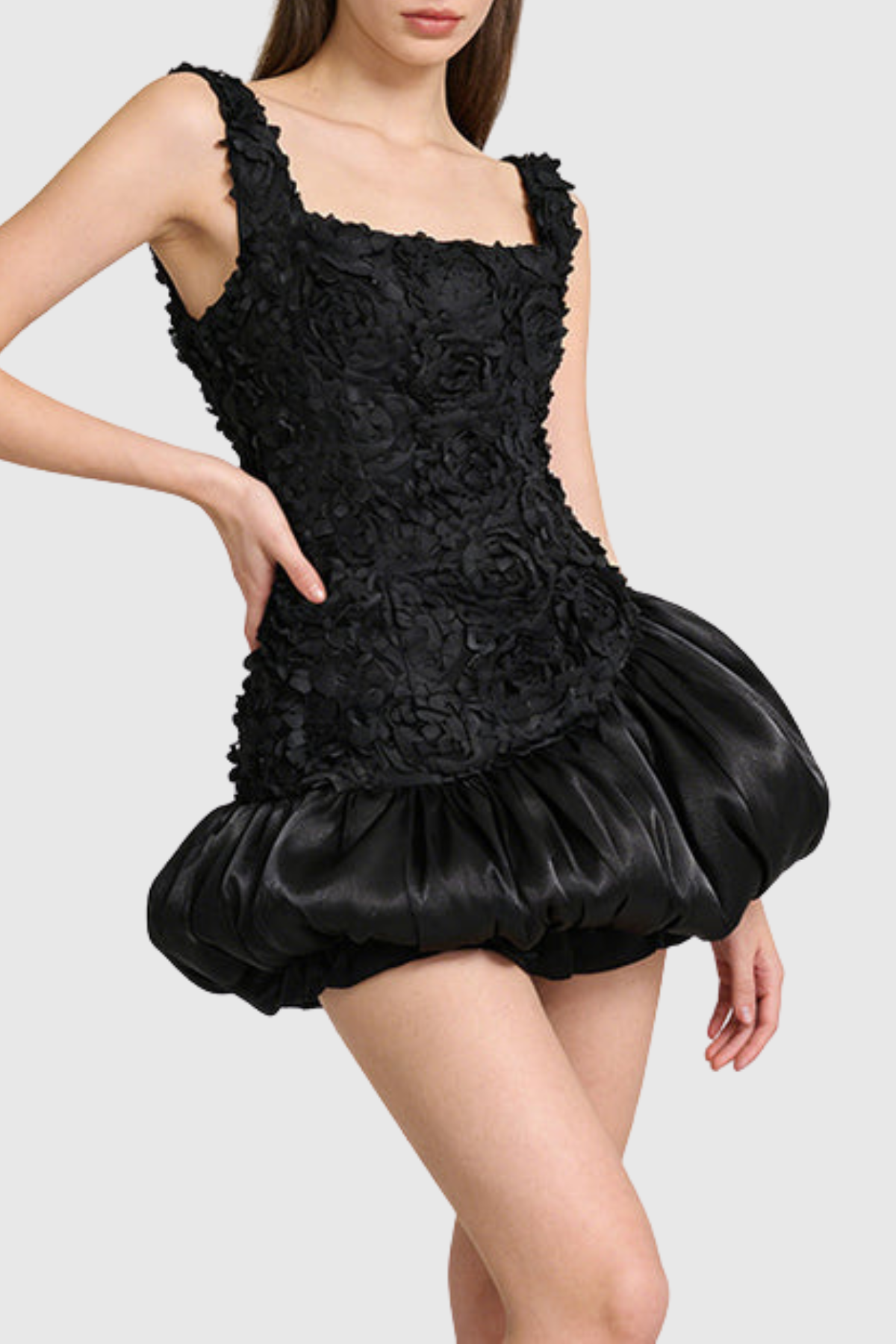 Cormao Floral Appliqué Puff Mini Dress - Black