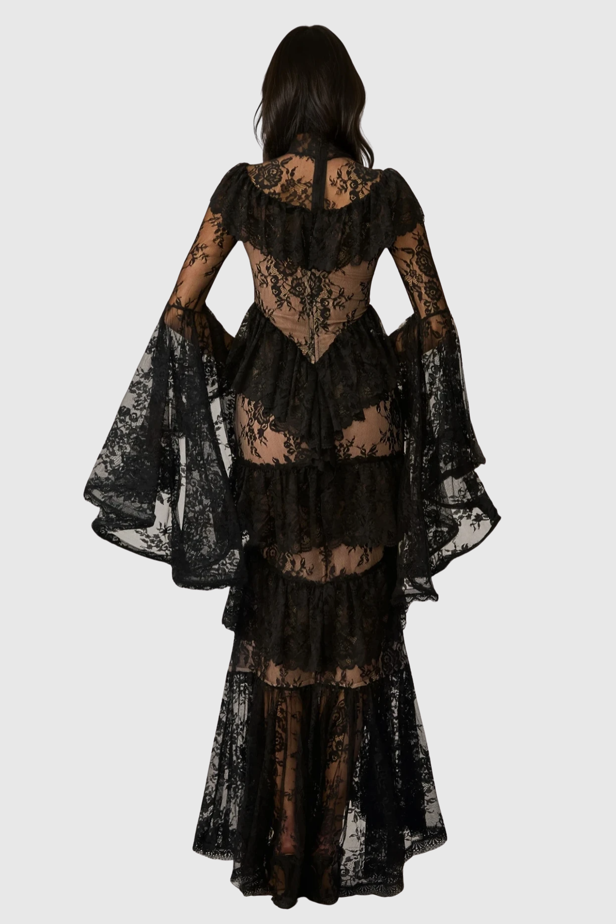 Coveie Lace Ruffle Maxi Dress - Black