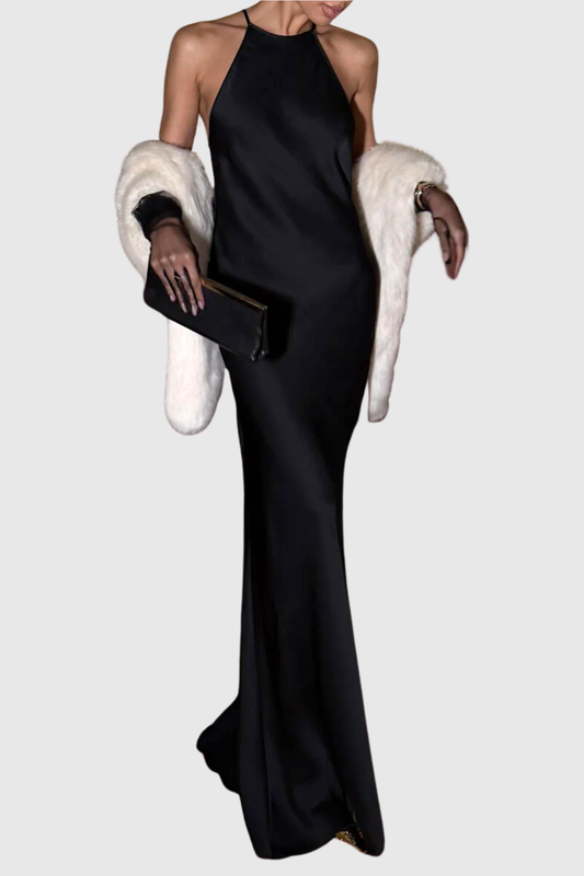 Daisya Satin Backless Maxi Dress - Black
