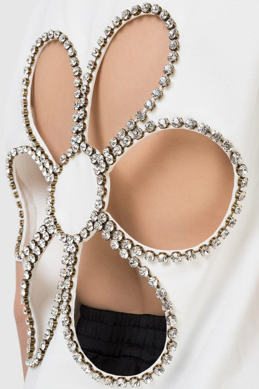 Debora Flower Hollow Rhinestone Embellished T-shirt - White