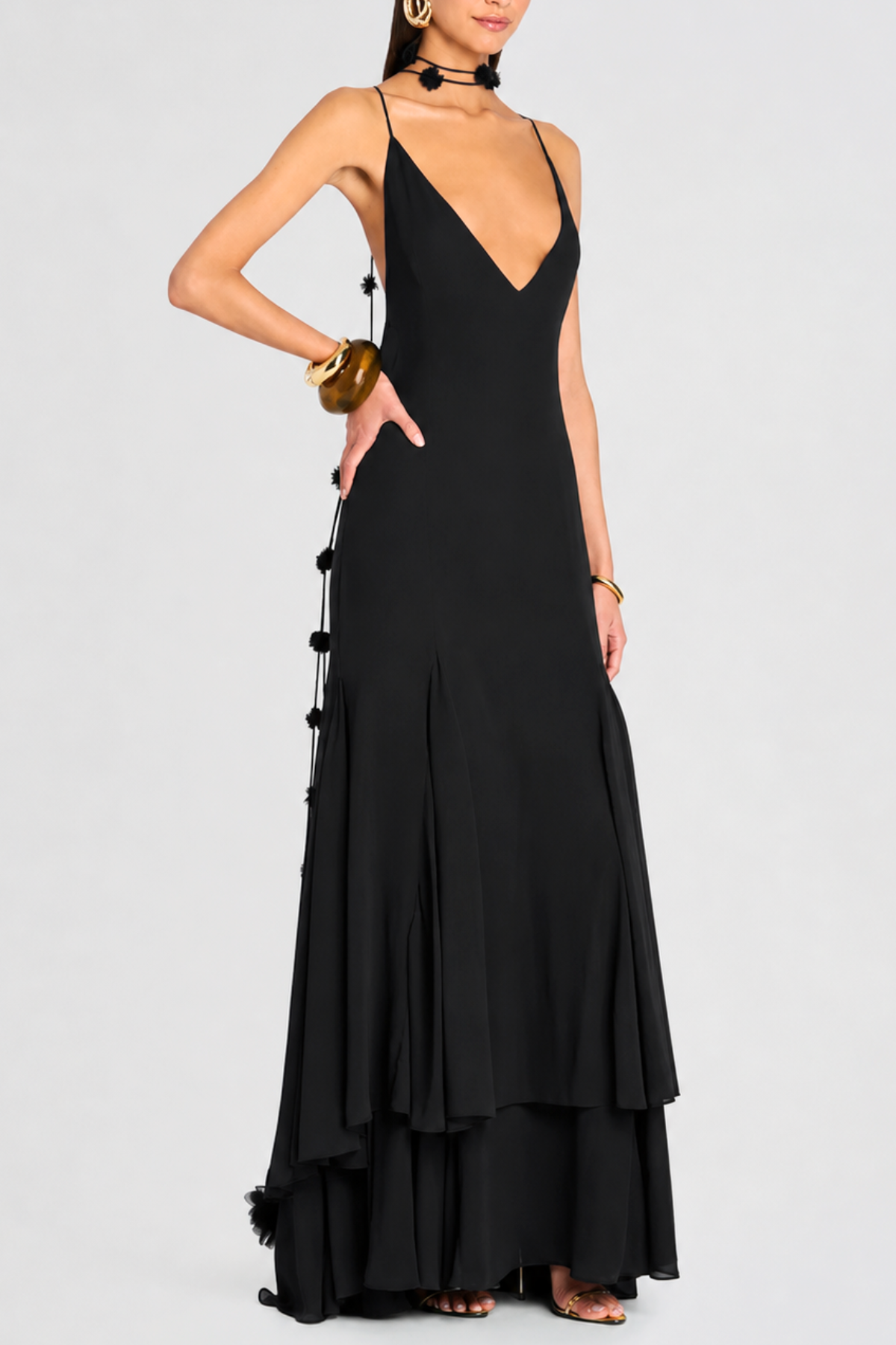 Demelza Floral Backless Maxi Dress - Black