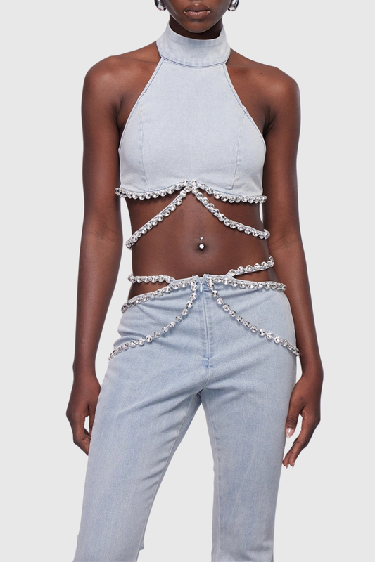 Demete Crystal Embellished Denim Top & Pants Set