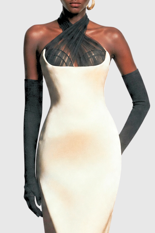 Despina Halter Satin Maxi Dress with Tulle Panels