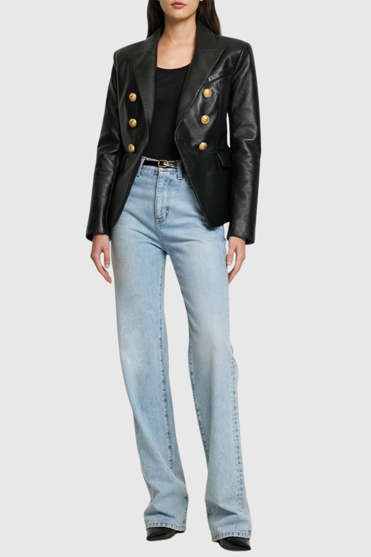 Dhana Leather Buttoned Blazer - Black