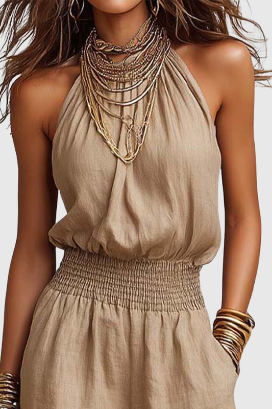 Dollyia Halter Ruched Jumpsuit - Beige