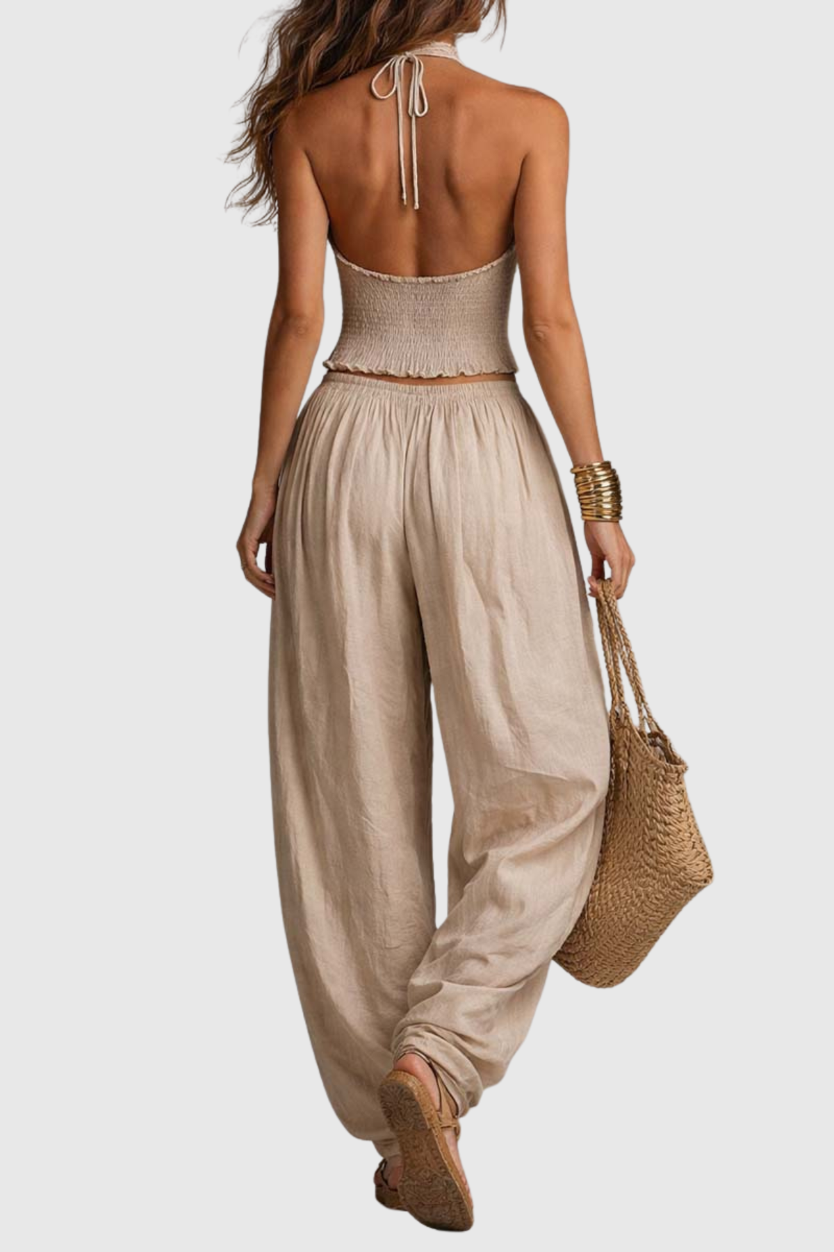 Dollyia Halter Ruched Top & Harem Pants Set - Beige
