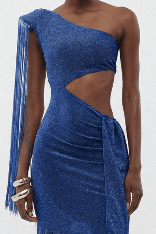 Draco One Shoulder Cutout Fringe Maxi Dress - Blue