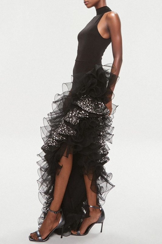 Dualo Asymmetric Ruffle Sequin Midi Bandage Dress