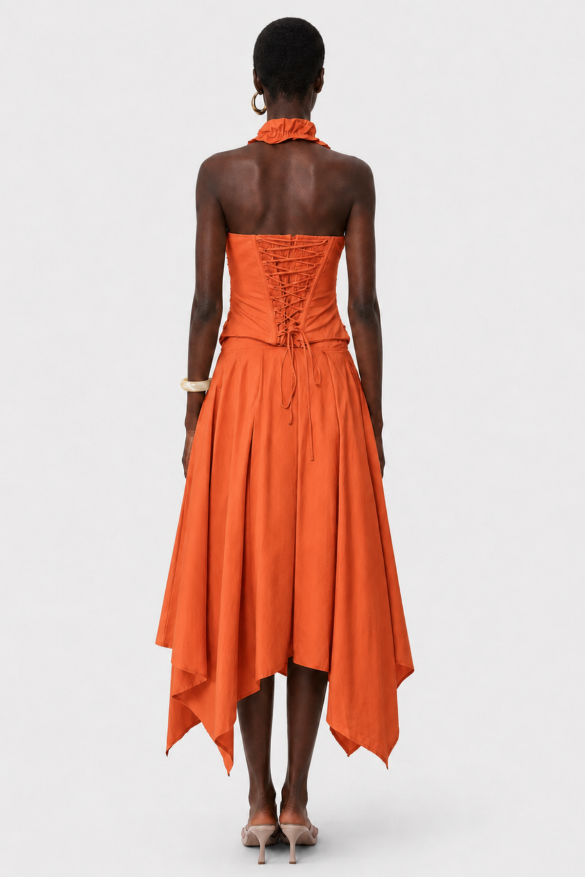 Edelwia Halter Asymmetric Ruffle Midi Dress - Orange