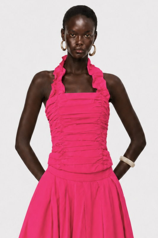 Edelwia Halter Asymmetric Ruffle Midi Dress - Pink