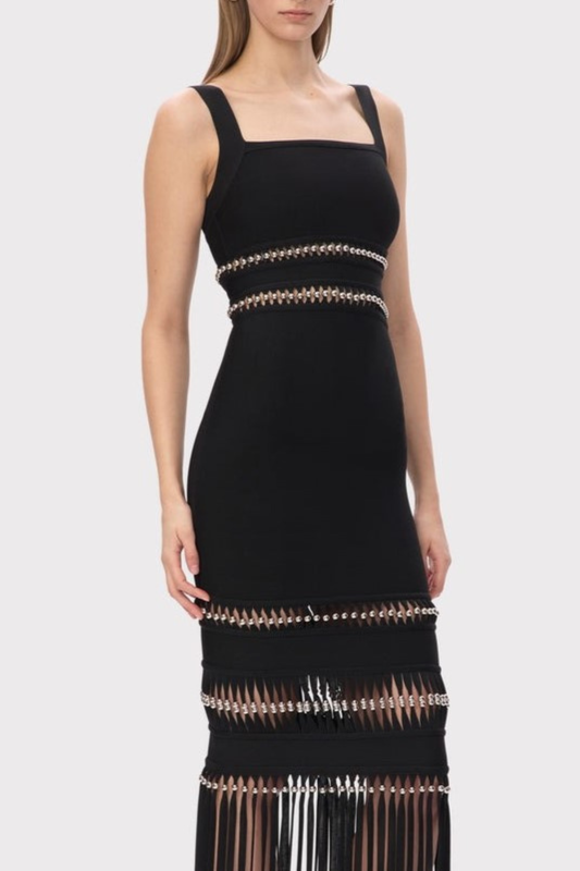 Efron Cutout Fringe Maxi Bandage Dress - Black