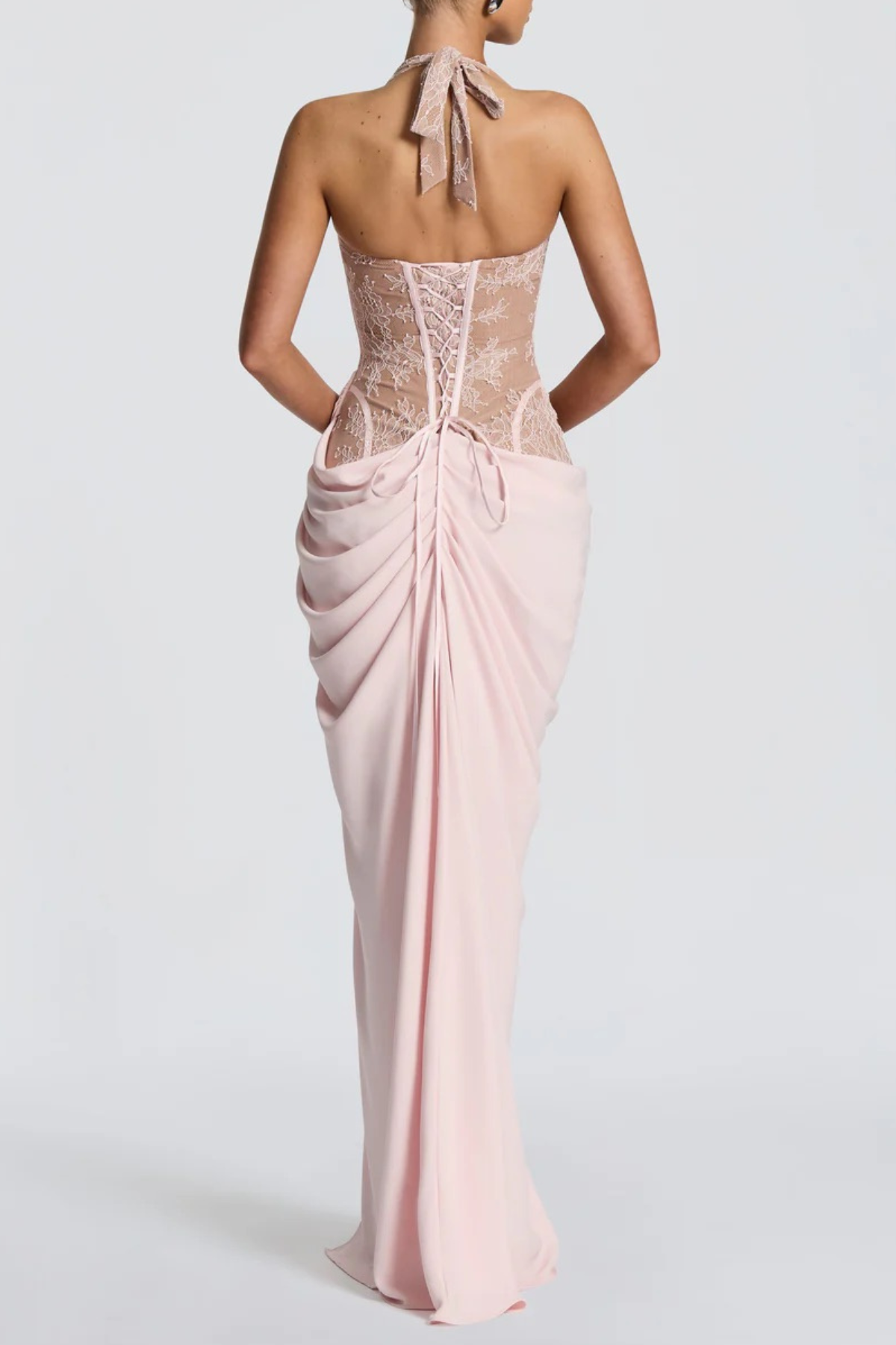 Eilisa Halter Lace Corset Split Maxi Dress - Pink
