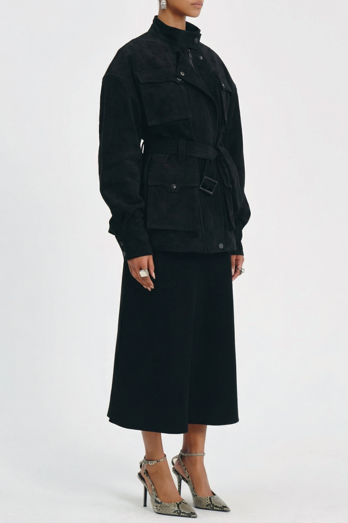 Eirata Suede Cargo Belted Jacket - Black