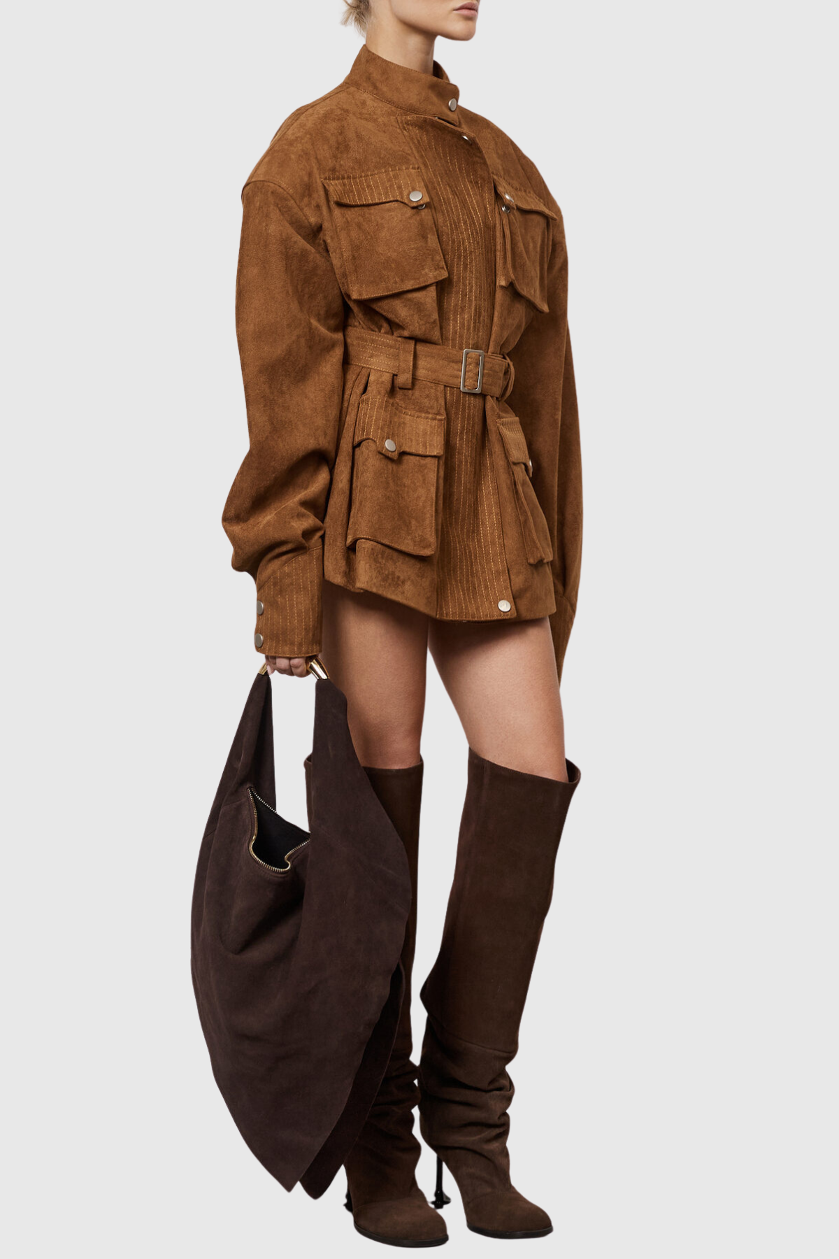 Eirata Suede Cargo Belted Jacket - Brown