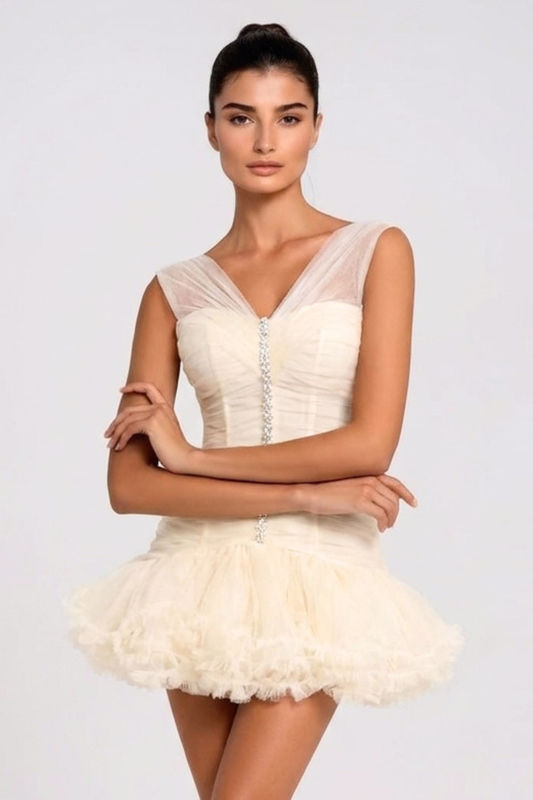 Elisheba Off Shoulder Crystal Tulle Mini Dress - Beige