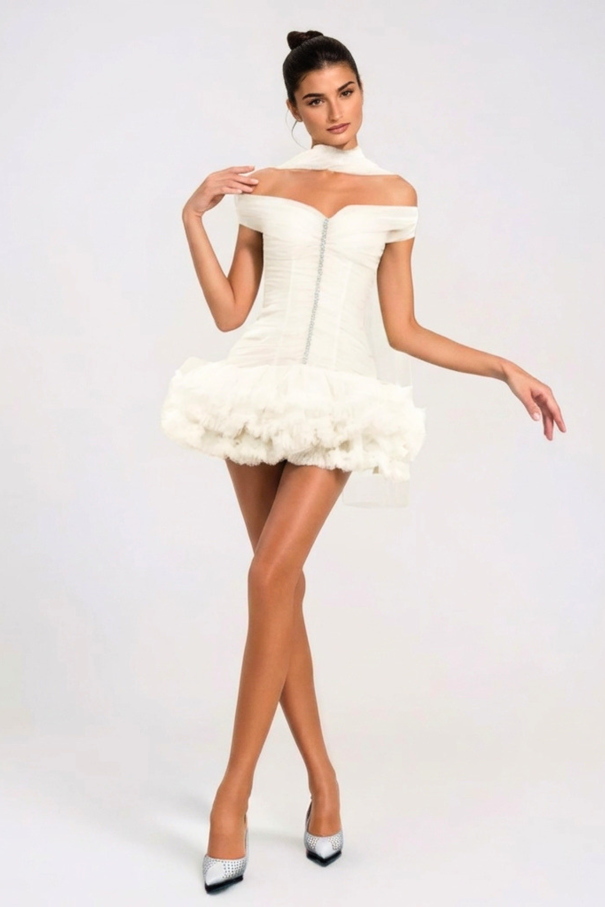Elisheba Off Shoulder Crystal Tulle Mini Dress - Beige