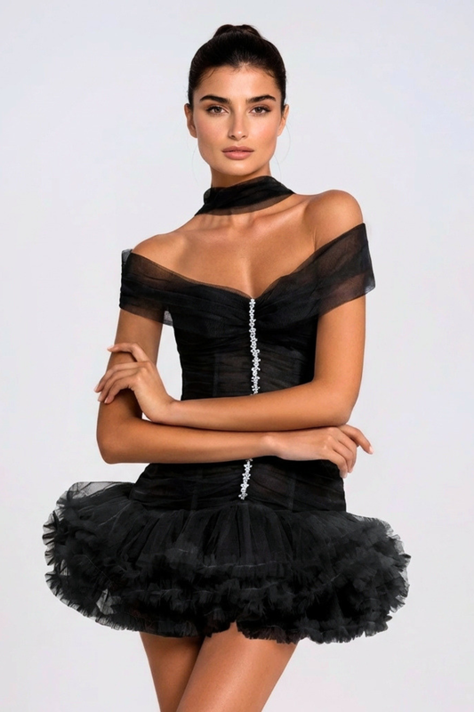 Elisheba Off Shoulder Crystal Tulle Mini Dress - Black