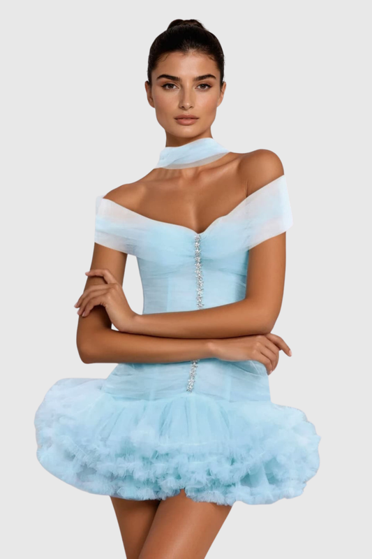 Elisheba Off Shoulder Crystal Tulle Mini Dress - Blue