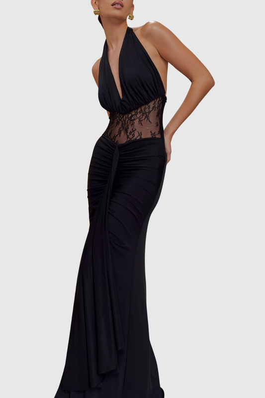 Elissa Halter Lace Draped Maxi Dress - Black