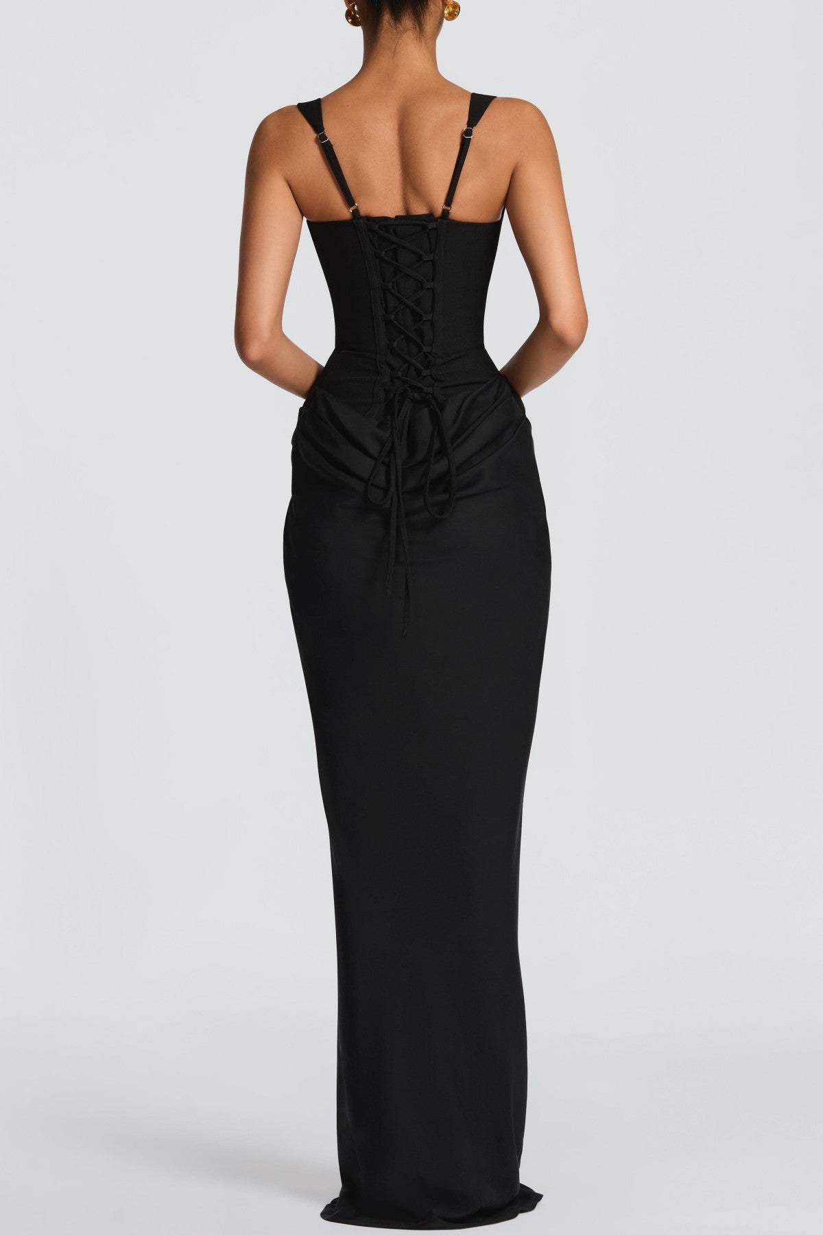 Enea Corset Lace Up Ruched Maxi Dress - Black