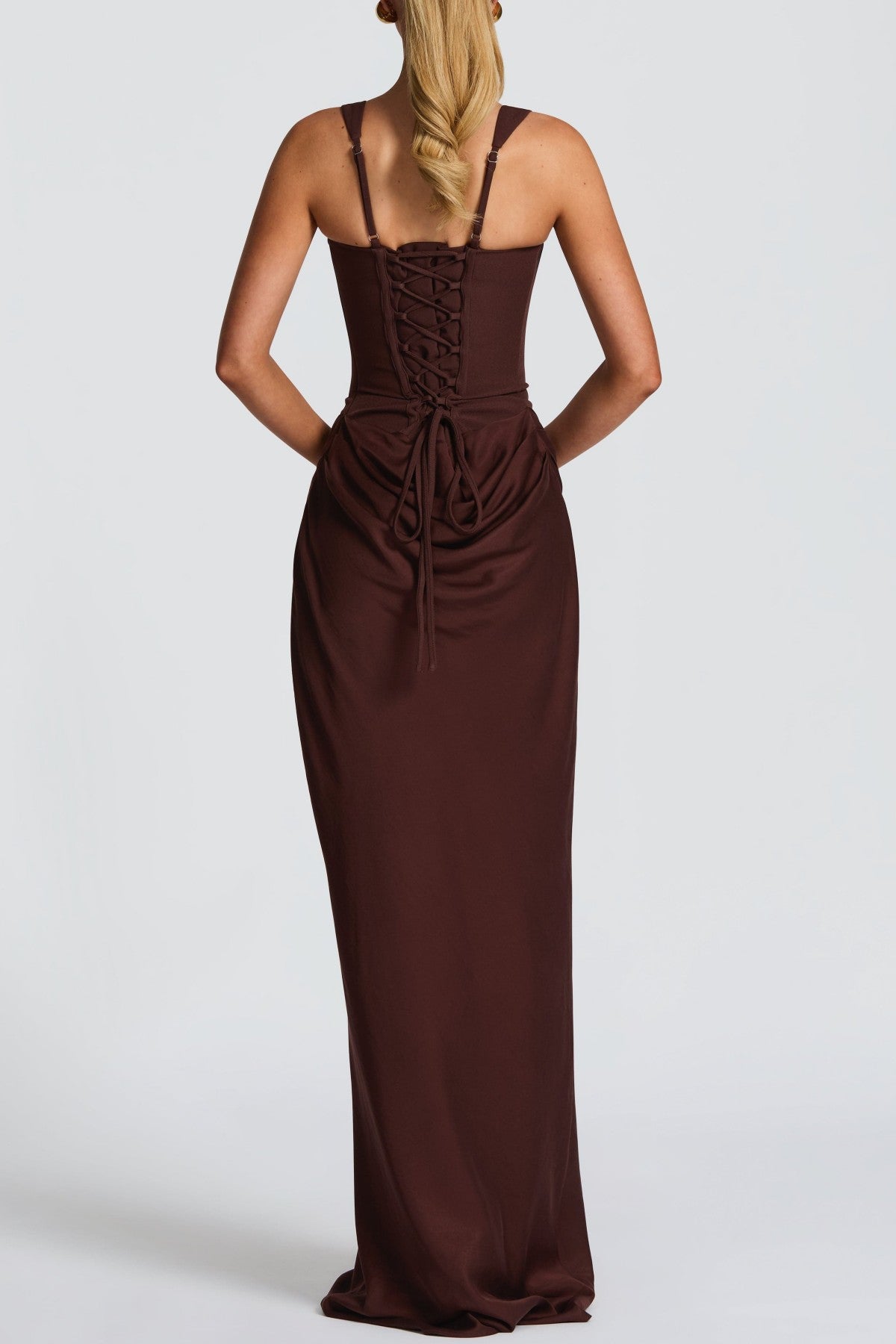 Enea Corset Lace Up Ruched Maxi Dress - Brown