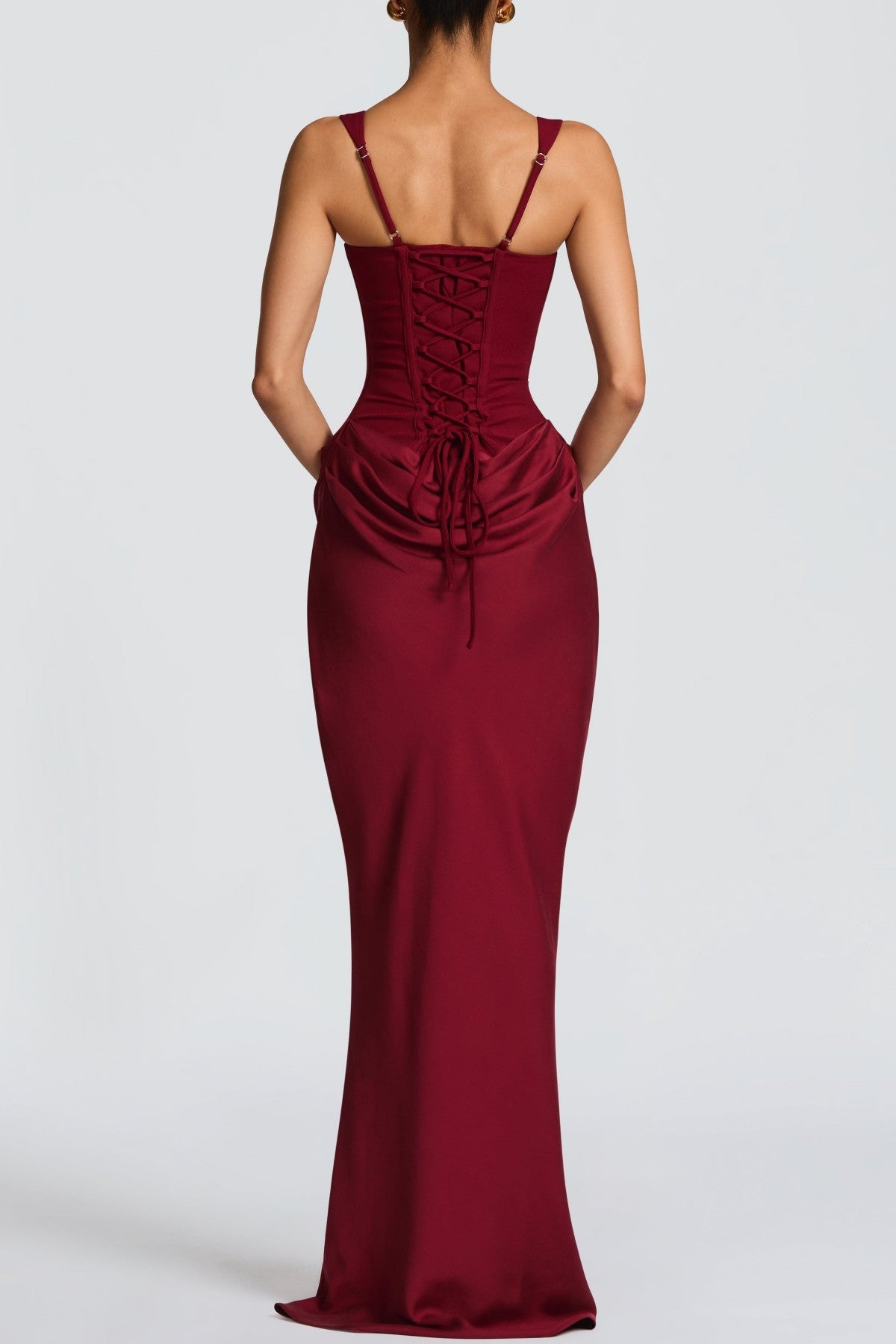 Enea Corset Lace Up Ruched Maxi Dress - Wine
