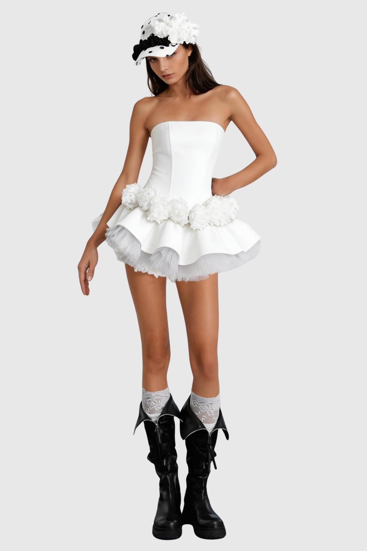 Enola Floral Appliqué Strapless Puffy Mini Dress - White