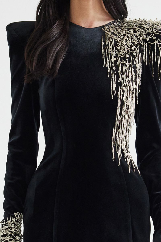 Enzoa Crystal Beaded Fringe Embellished Velvet Maxi Dress