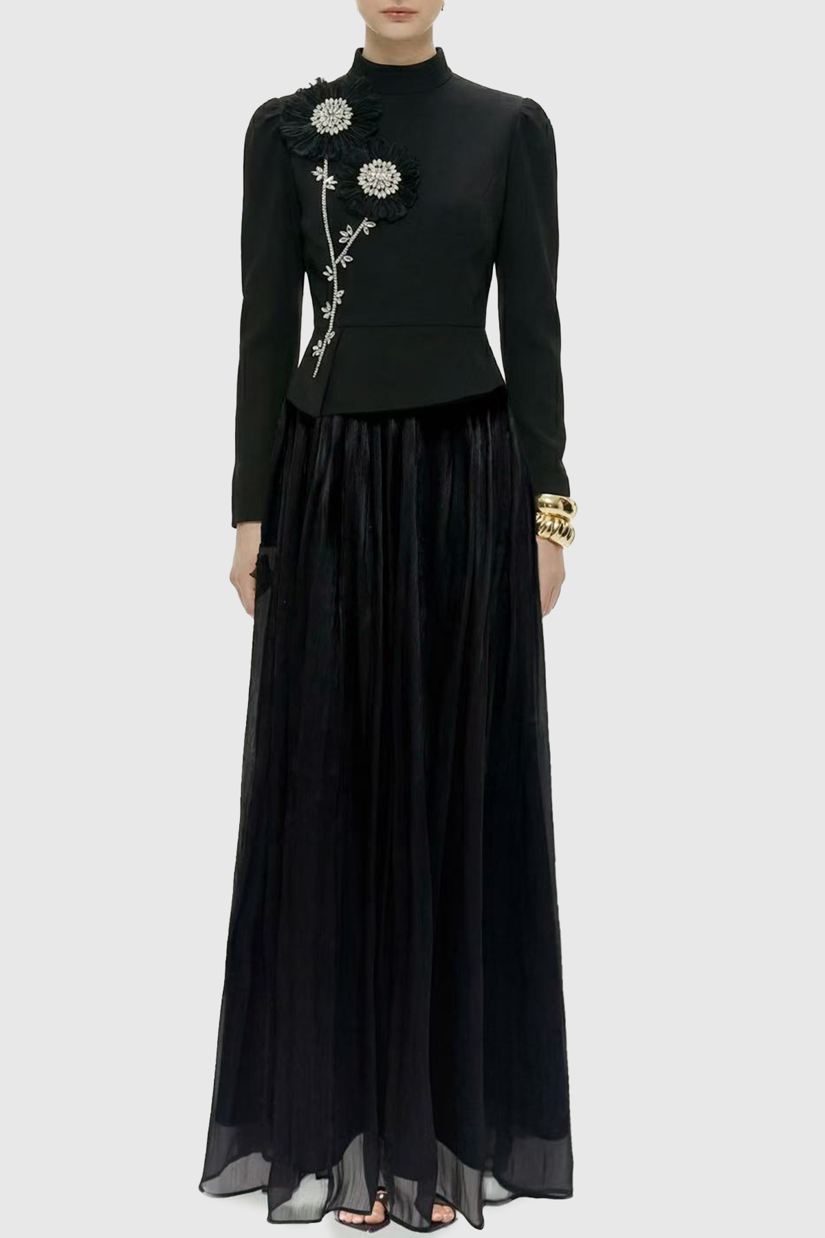 Ephra Floral Crystal Embellished Top & Maxi Skirt Set - Black