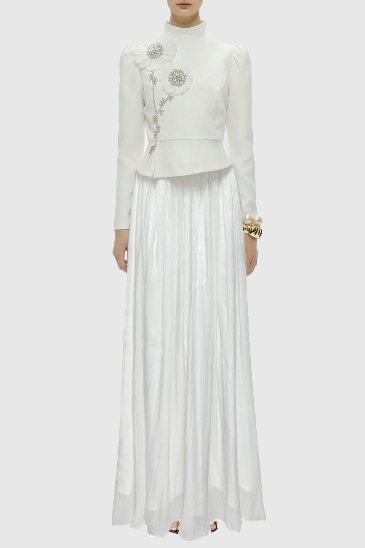 Ephra Floral Crystal Embellished Top & Maxi Skirt Set - White