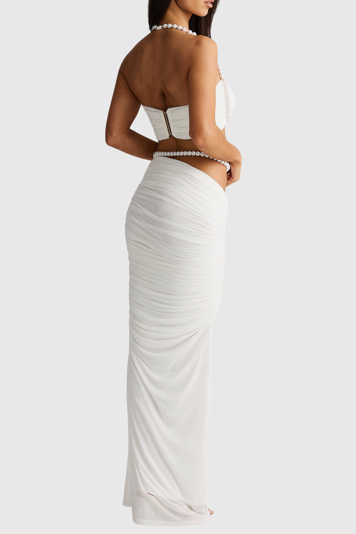 Esila Pearl-trim Mesh Ruched Two Piece Set - White