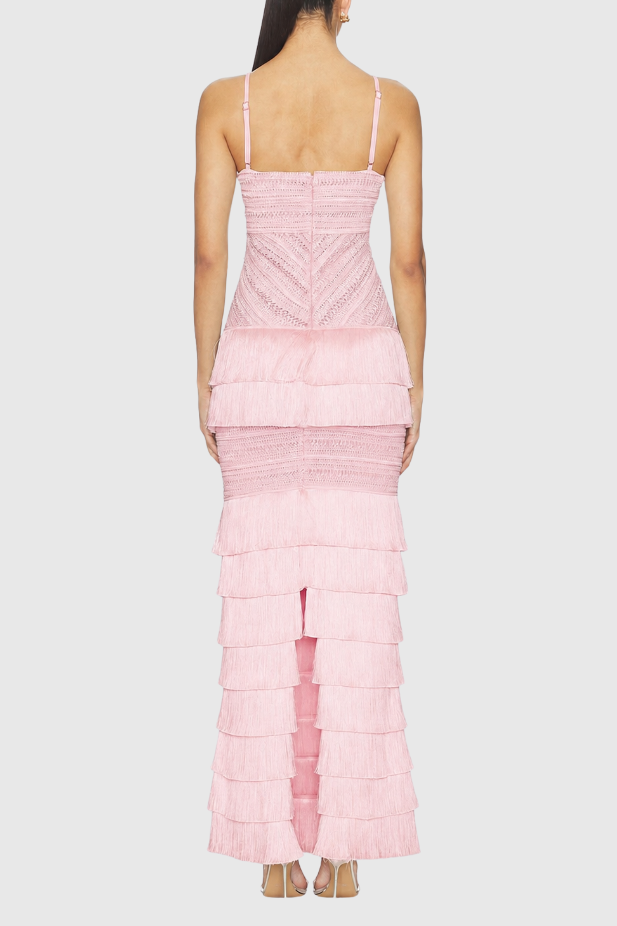 Este Crochet Fringe Tiered Maxi Dress - Pink