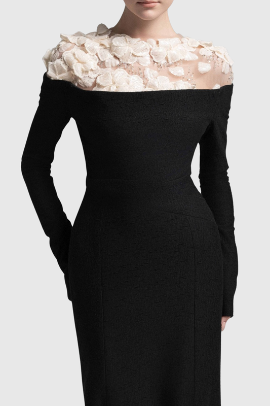Estha Floral Embellished Draped Maxi Dress - Black