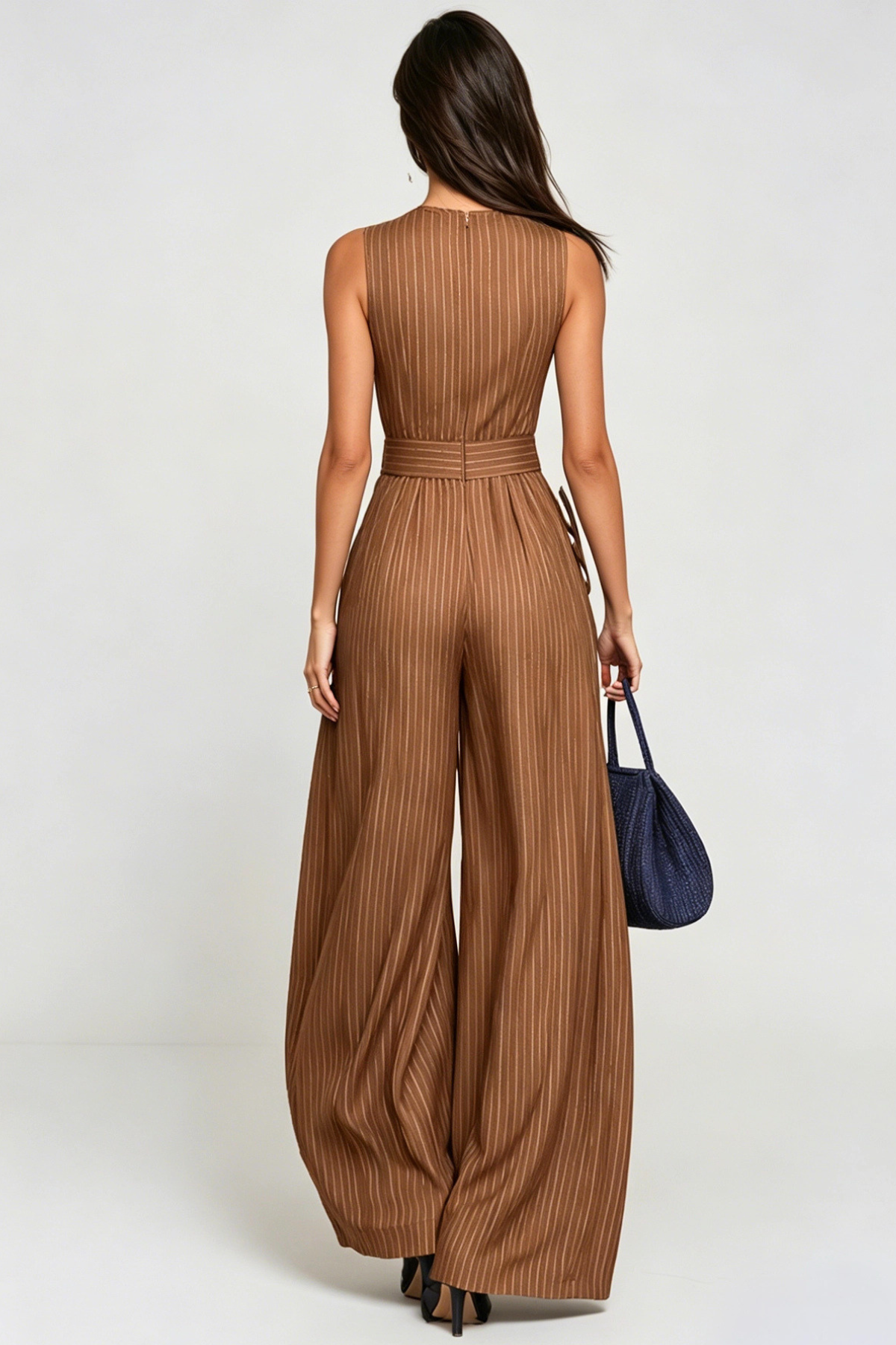 Eufemia Sleeveless Stripe Cutout Jumpsuit - Brown