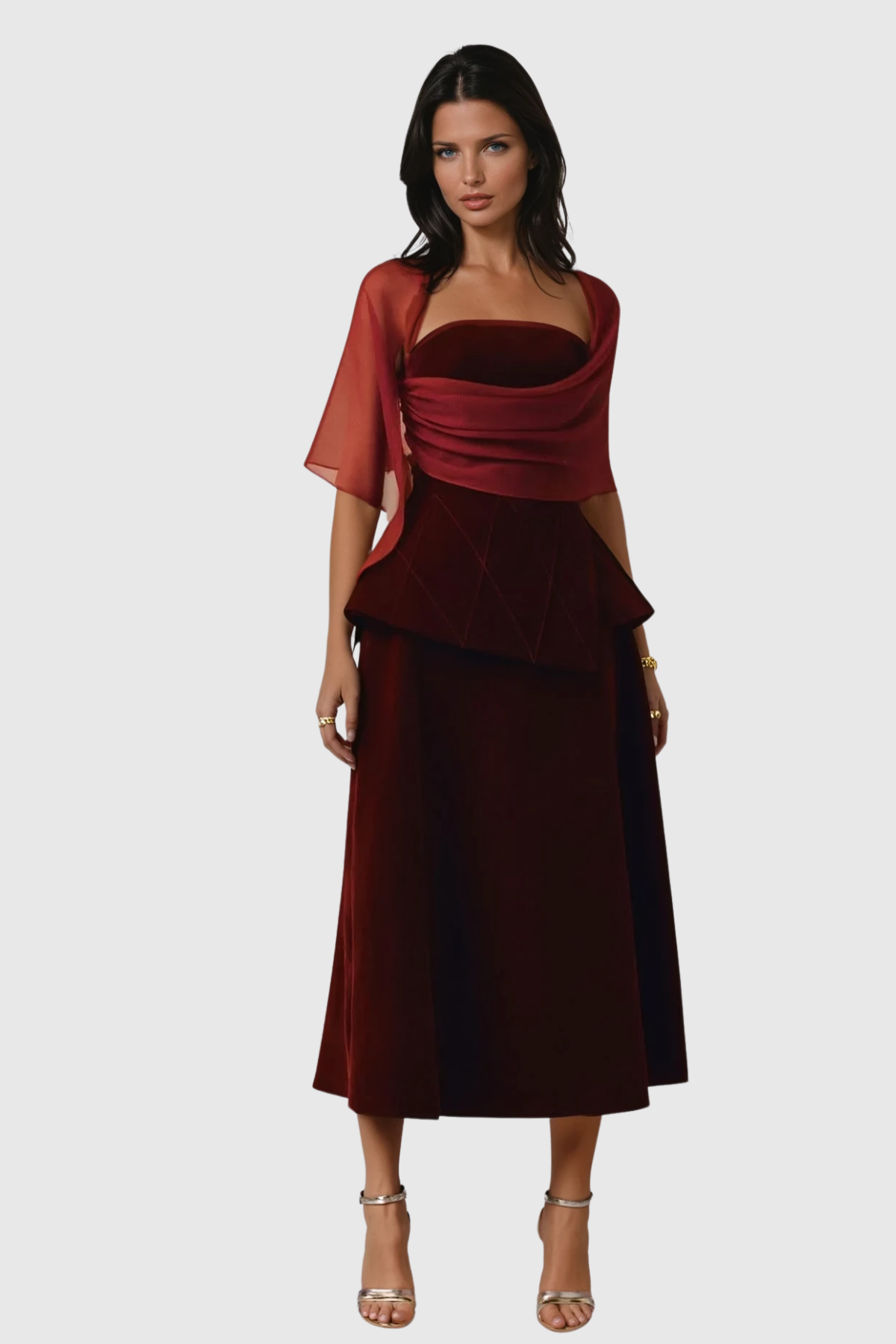 Favia Mesh Shawl Maxi Dress - Red