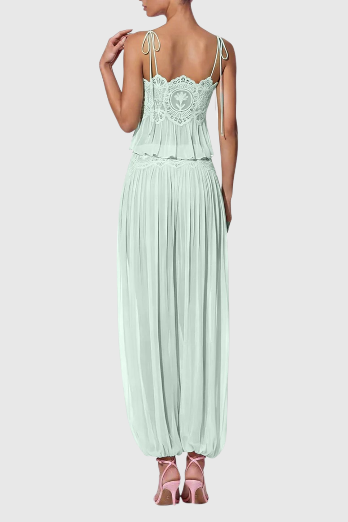 Fiorella Lace Trim Ruched Top & Trouser Set - Blue