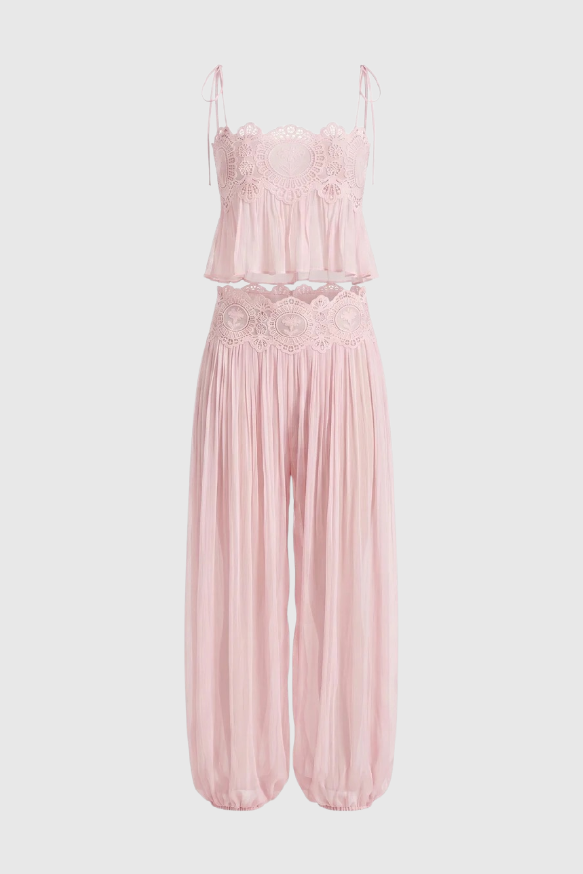 Fiorella Lace Trim Ruched Top & Trouser Set - Pink