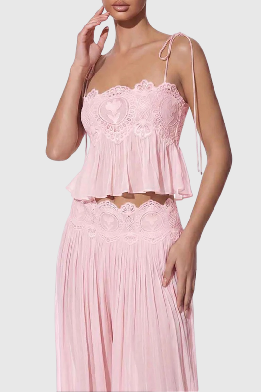 Fiorella Lace Trim Ruched Top & Trouser Set - Pink