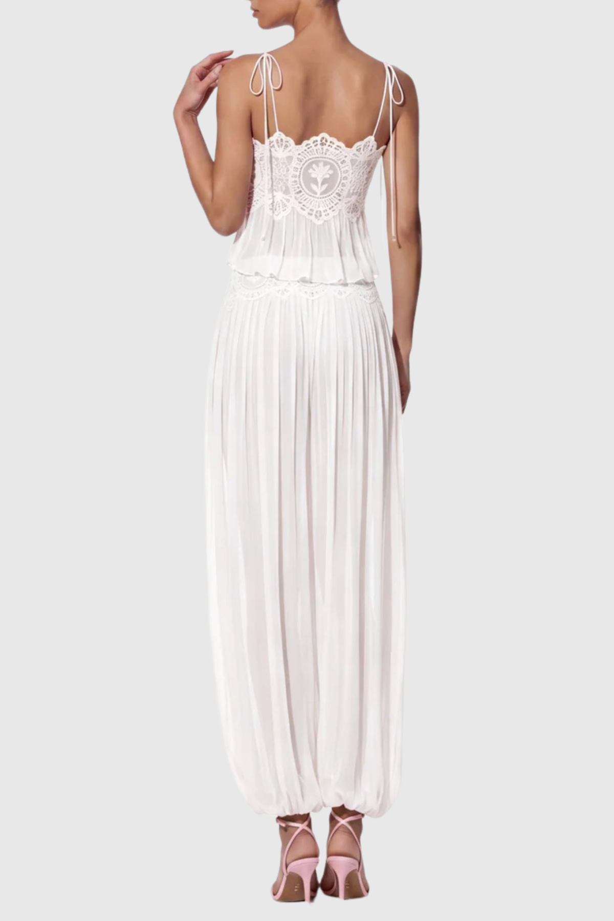 Fiorella Lace Trim Ruched Top & Trouser Set - White