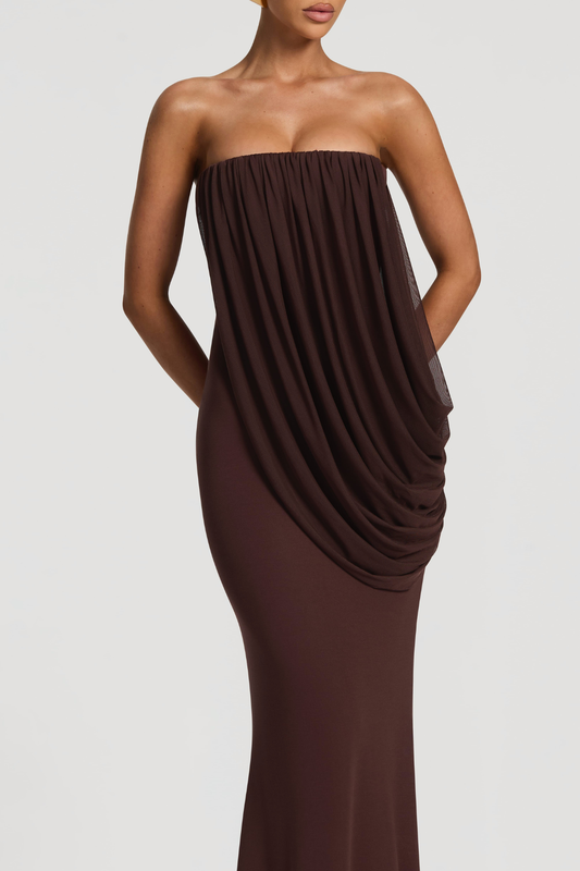 Fleece Strapess Draped Maxi Dress - Brown