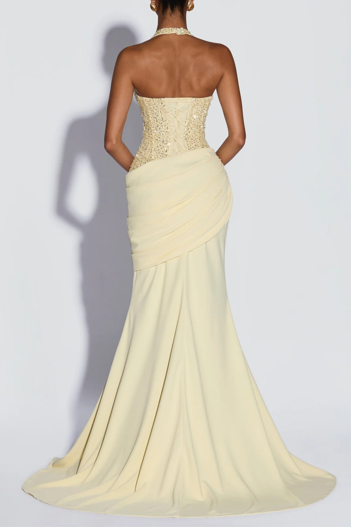 Florrie Halter Sequin Corset Ruched Maxi Dress - Yellow