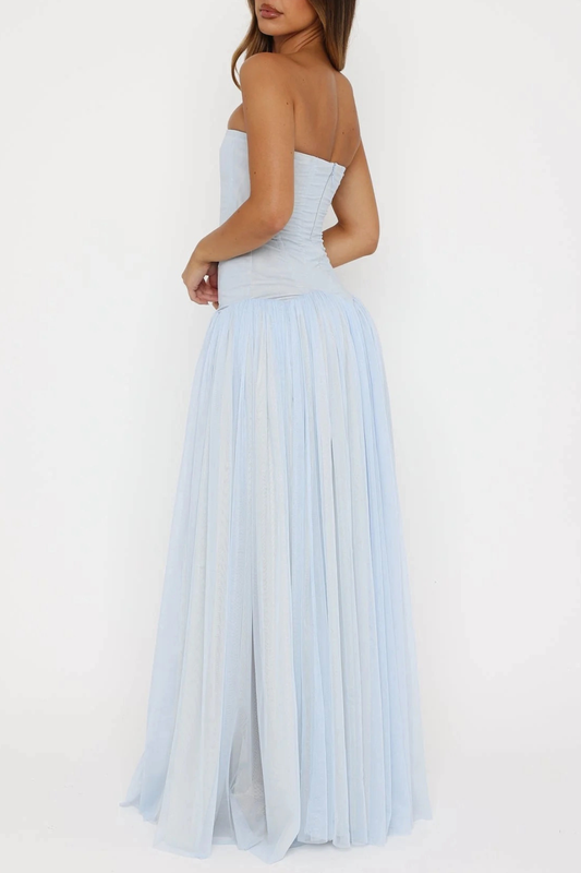 Flynn Strapless Mesh Pleated Maxi Dress - Blue